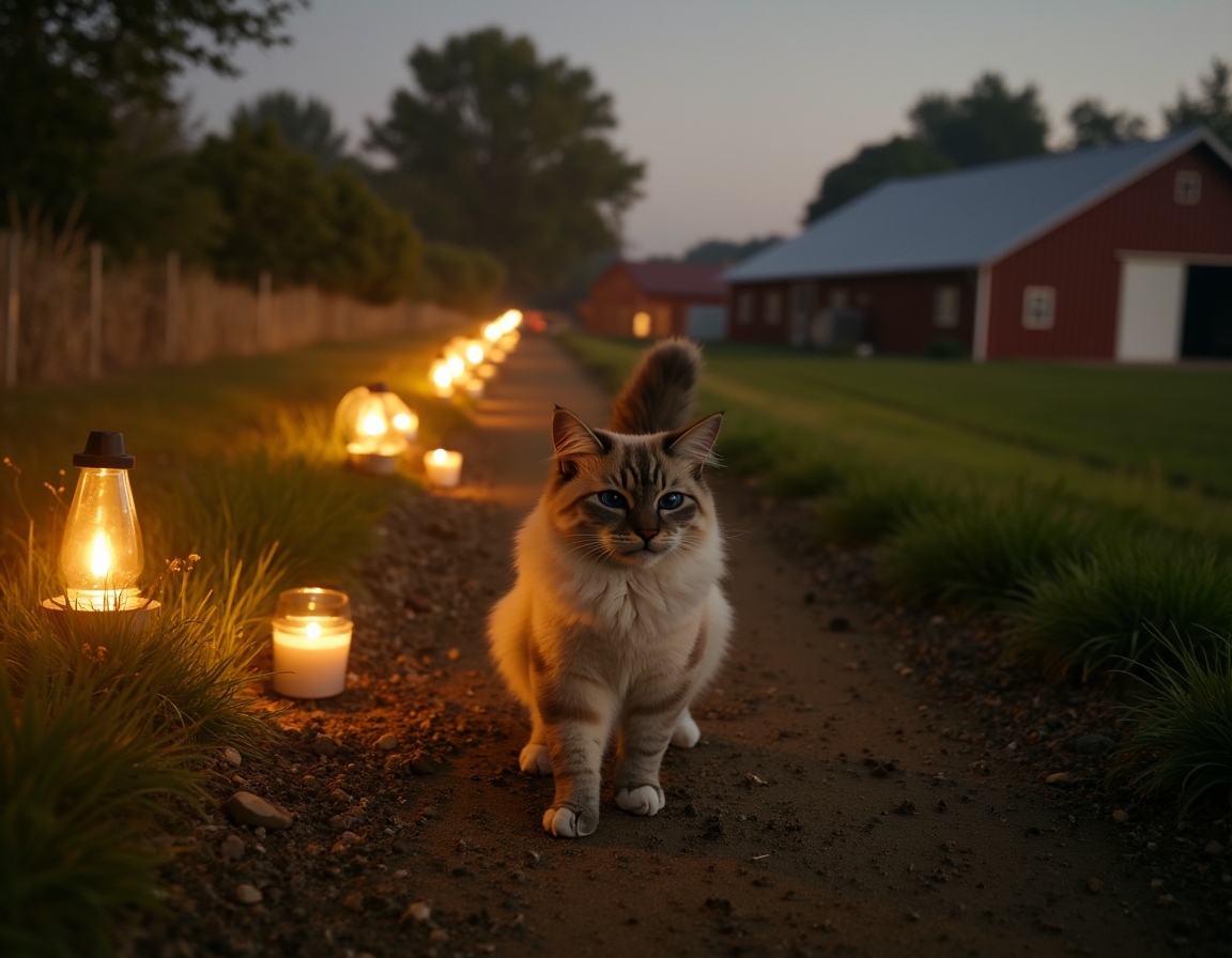 Cat enjoys a quiet walk along a farm path, illuminated by the soft glow of evening lanterns.